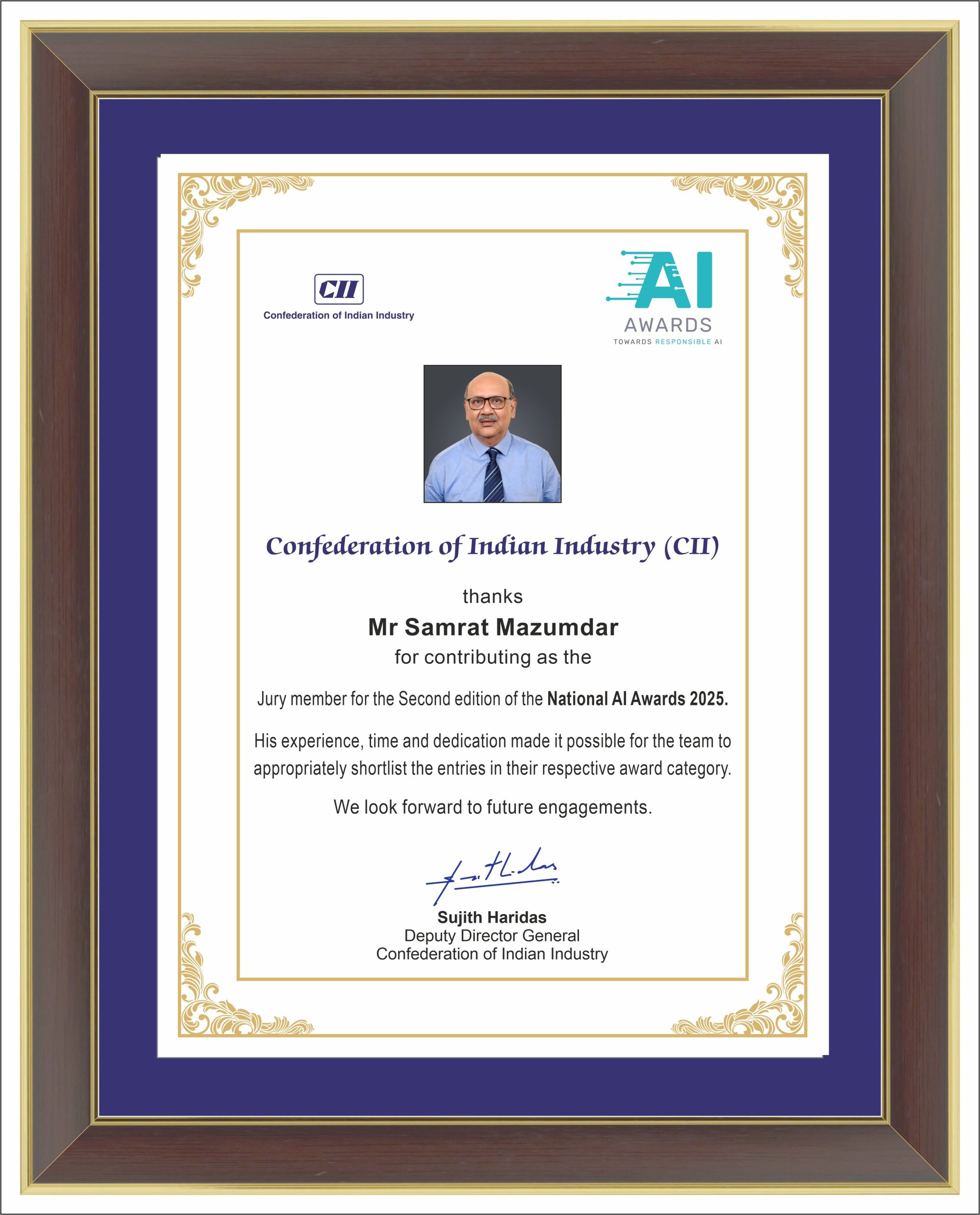 CII Recognition for shaping India’s AI future as Jury Member, National AI Awards 2025.